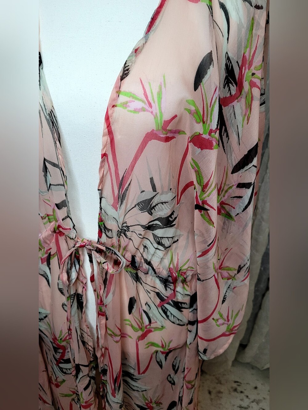 Free Press Sheer Tropical Floral Maxi Kimono Duster Swim Flowy Cover Up OS - Picture 3 of 4